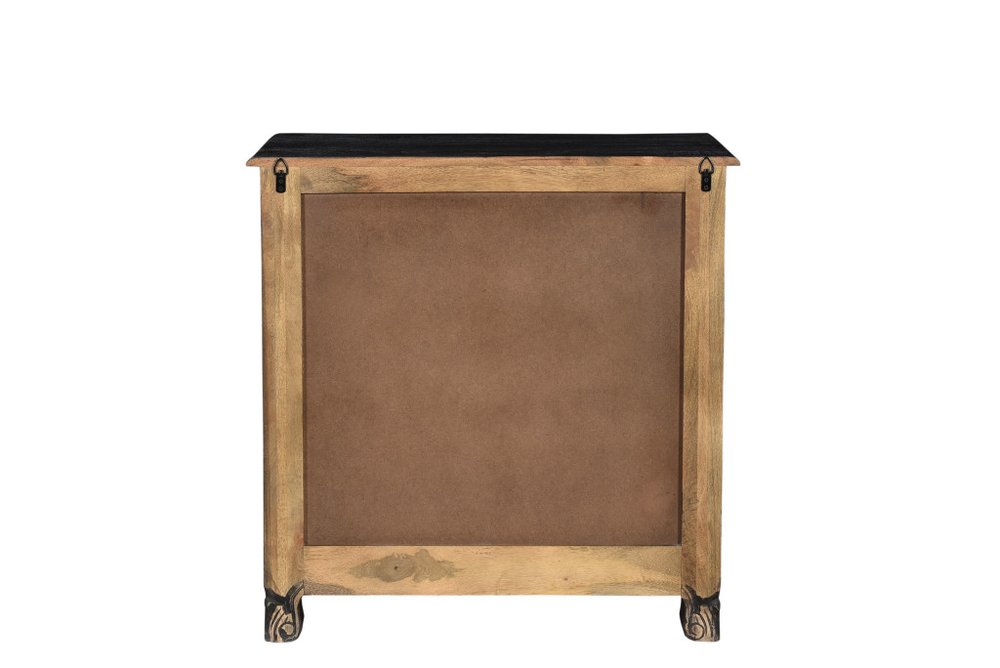 30" Black Solid Wood Distressed Three Drawer Nightstand. Nightstands & bedside table isolated on a plain white background, showing a black wood surface.