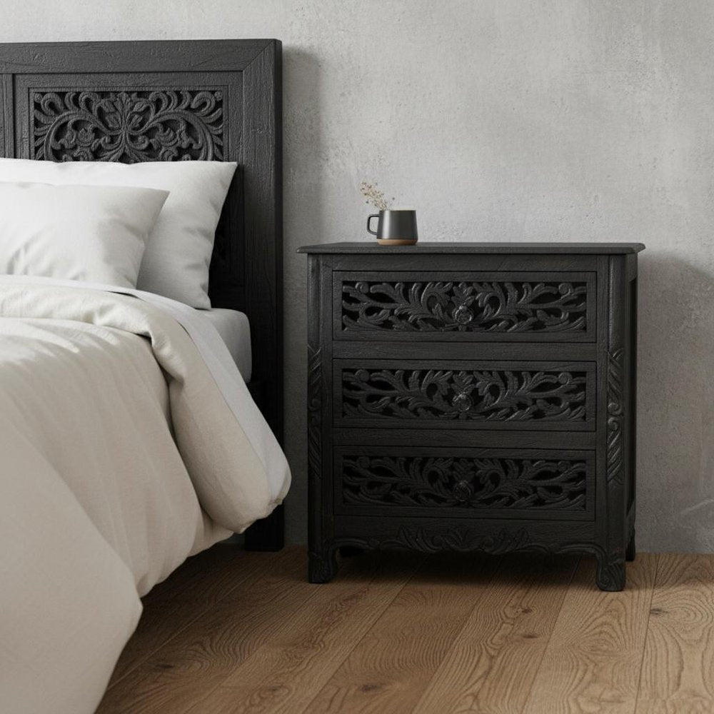 Close-up of 30" Black Solid Wood Distressed Three Drawer Nightstand showing the black wood texture.