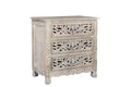 30" Distressed Gray Three Drawer Floral Carved Solid Wood Nightstand. Nightstands & bedside table isolated on a plain white background, in a gray wood finish.