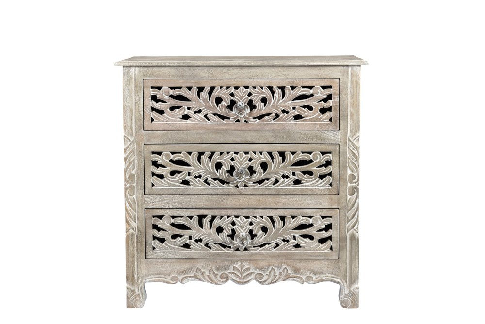 30" Distressed Gray Three Drawer Floral Carved Solid Wood Nightstand. Nightstands & bedside table isolated on a plain white background, showing a gray wood surface.