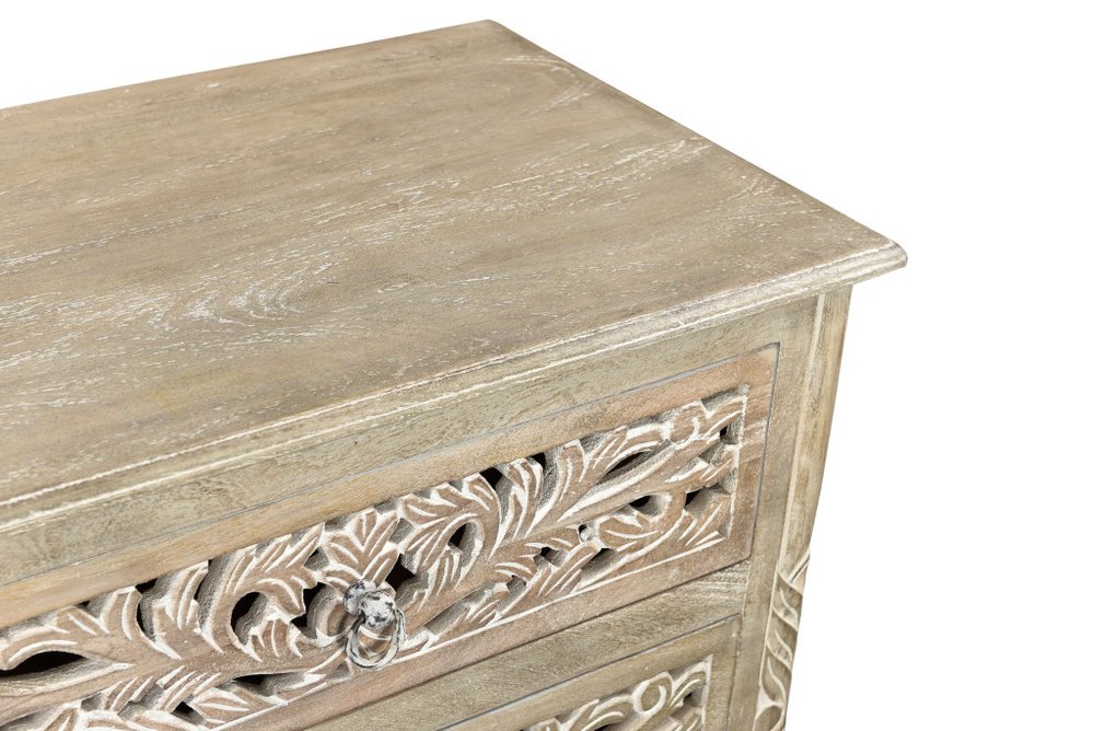 30" Distressed Gray Three Drawer Floral Carved Solid Wood Nightstand. Nightstands & bedside table isolated on a plain white background, showing a wood surface.