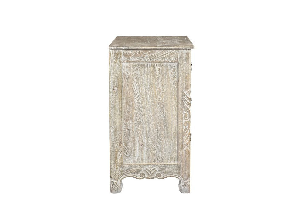 30" Distressed Gray Three Drawer Floral Carved Solid Wood Nightstand. Nightstands & bedside table isolated on a plain white background, showing a wood surface.