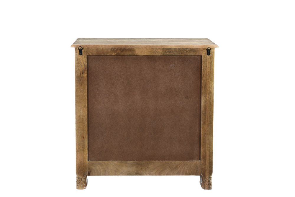 30" Distressed Gray Three Drawer Floral Carved Solid Wood Nightstand. Nightstands & bedside table isolated on a plain white background, showing a wood surface.