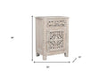 30" Distressed White One Drawer Carved Floral Solid Wood Nightstand. Nightstands & bedside table isolated on a plain white background, finished in white wood.