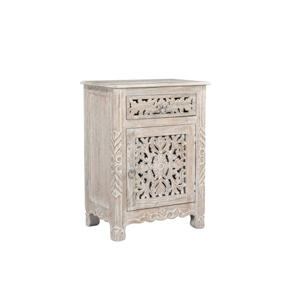 30" Distressed White One Drawer Carved Floral Solid Wood Nightstand. Nightstands & bedside table isolated on a plain white background, showing a white wood surface.