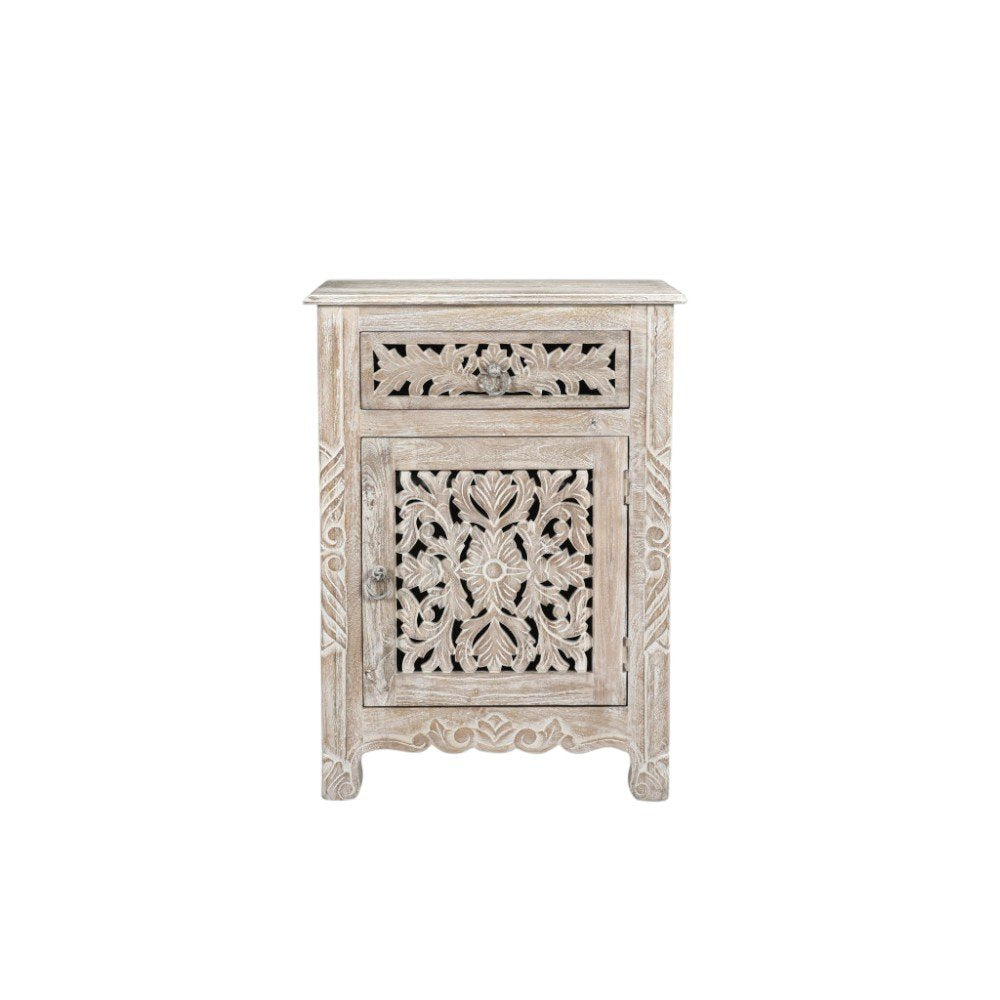 30" Distressed White One Drawer Carved Floral Solid Wood Nightstand. Nightstands & bedside table isolated on a plain white background, in a white wood finish.