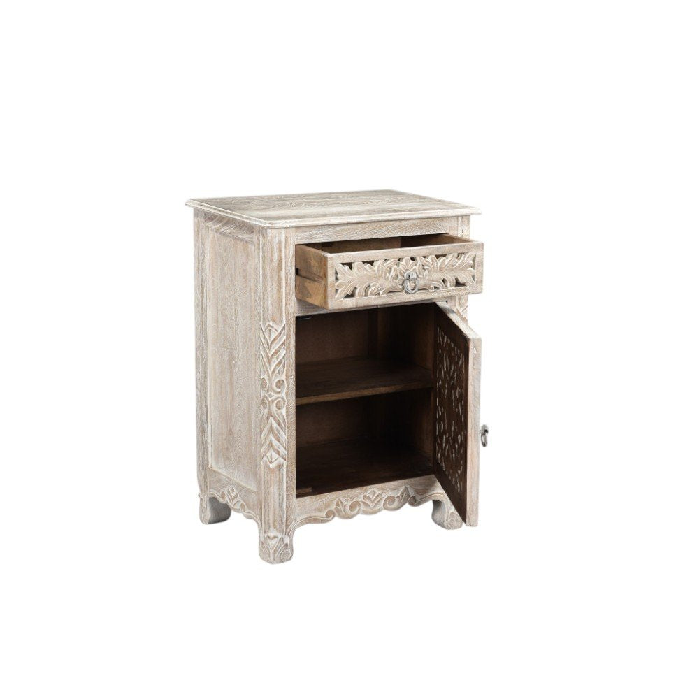 30" Distressed White One Drawer Carved Floral Solid Wood Nightstand. Nightstands & bedside table isolated on a plain white background, finished in white wood.