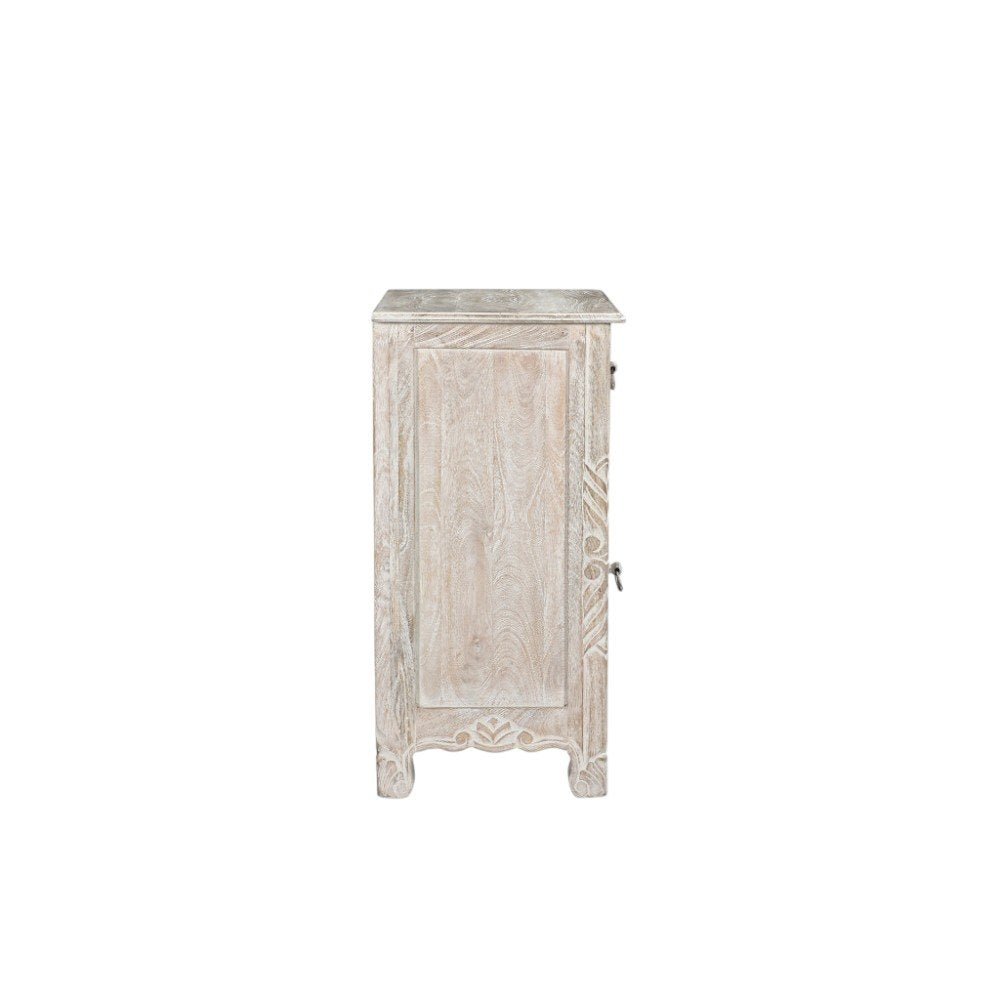 30" Distressed White One Drawer Carved Floral Solid Wood Nightstand. Nightstands & bedside table isolated on a plain white background, in a white wood finish.