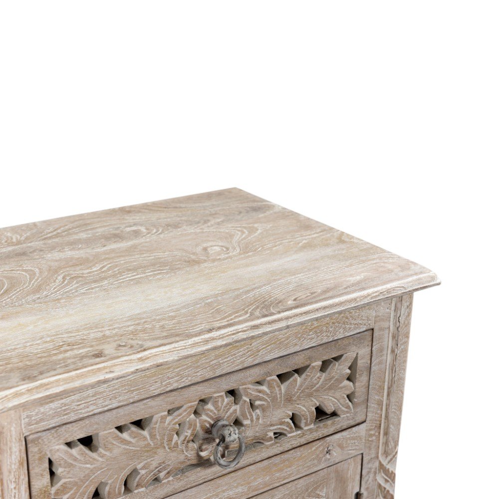 30" Distressed White One Drawer Carved Floral Solid Wood Nightstand. Nightstands & bedside table isolated on a plain white background, finished in white wood.