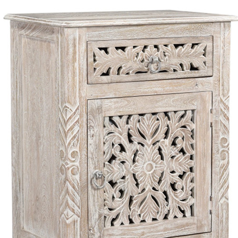 Close-up of 30" Distressed White One Drawer Carved Floral Solid Wood Nightstand showing white wood detail.