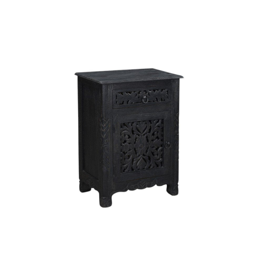 Black solid wood distressed one-drawer nightstand with carved details on a white background.