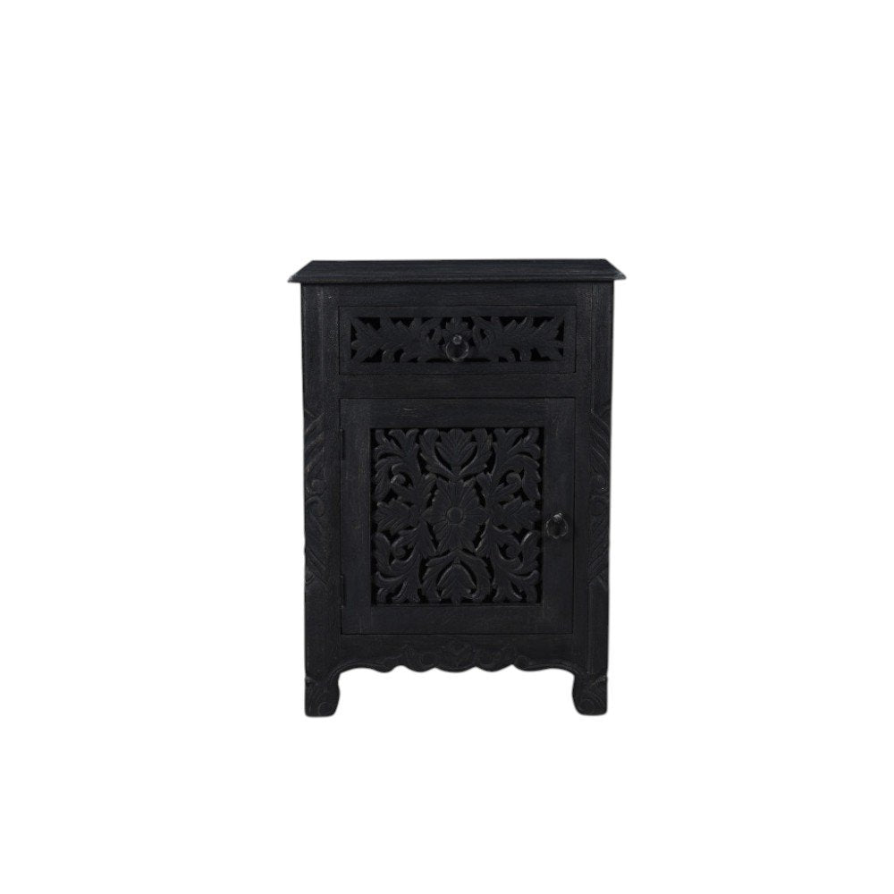 30" Black Solid Wood Distressed One Drawer Nightstand. Nightstands & bedside table isolated on a plain white background, finished in black wood.