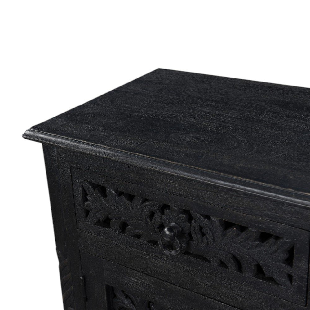 30" Black Solid Wood Distressed One Drawer Nightstand. Nightstands & bedside table isolated on a plain white background, in a black wood finish.