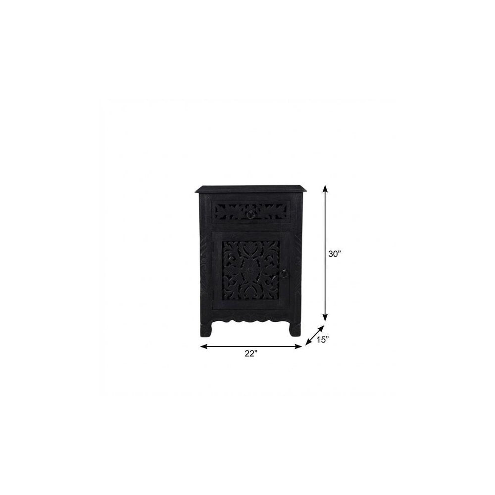 30" Black Solid Wood Distressed One Drawer Nightstand. Nightstands & bedside table isolated on a plain white background, showing a black wood surface.