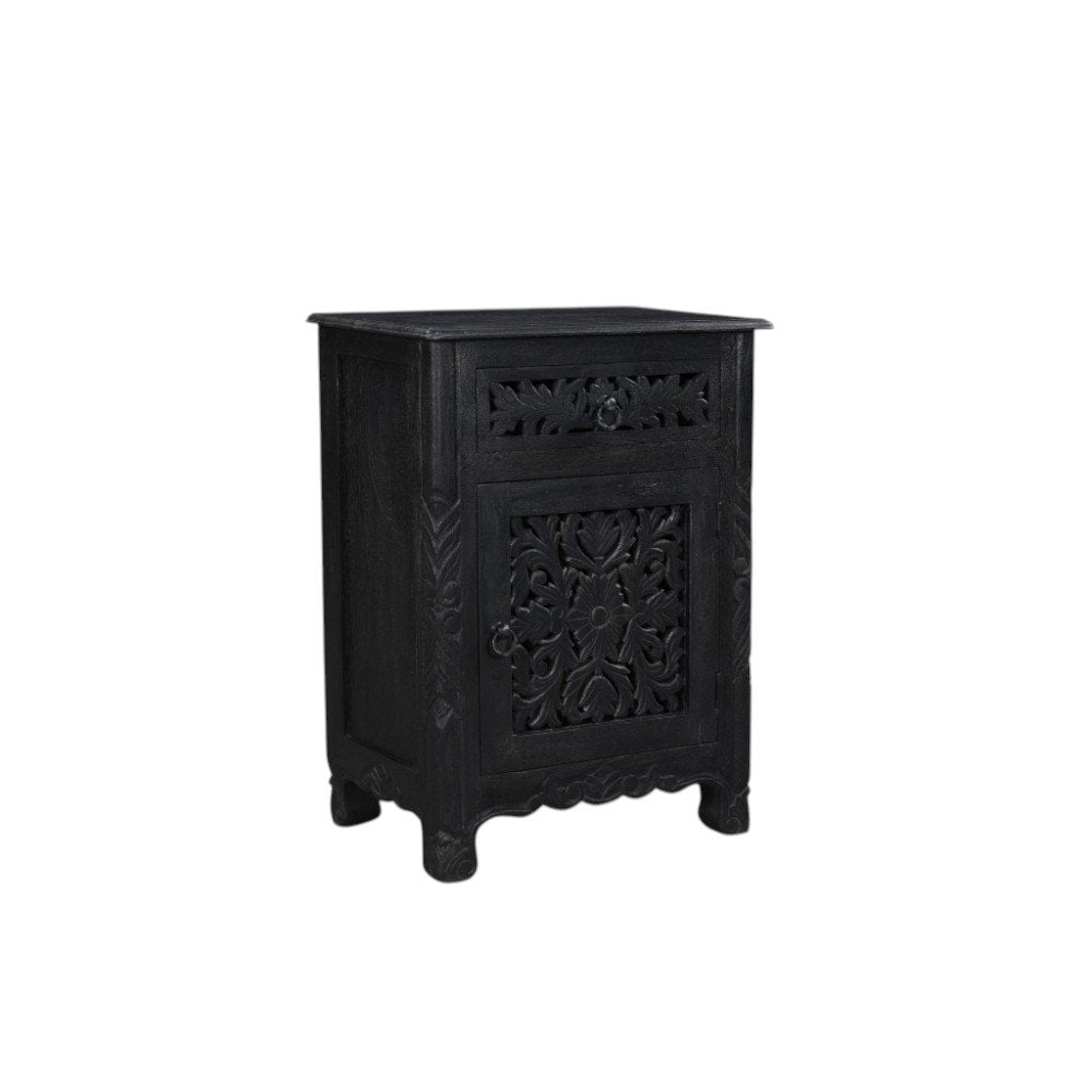 30" Black Solid Wood Distressed One Drawer Nightstand. Nightstands & bedside table isolated on a plain white background, showing a black wood surface.