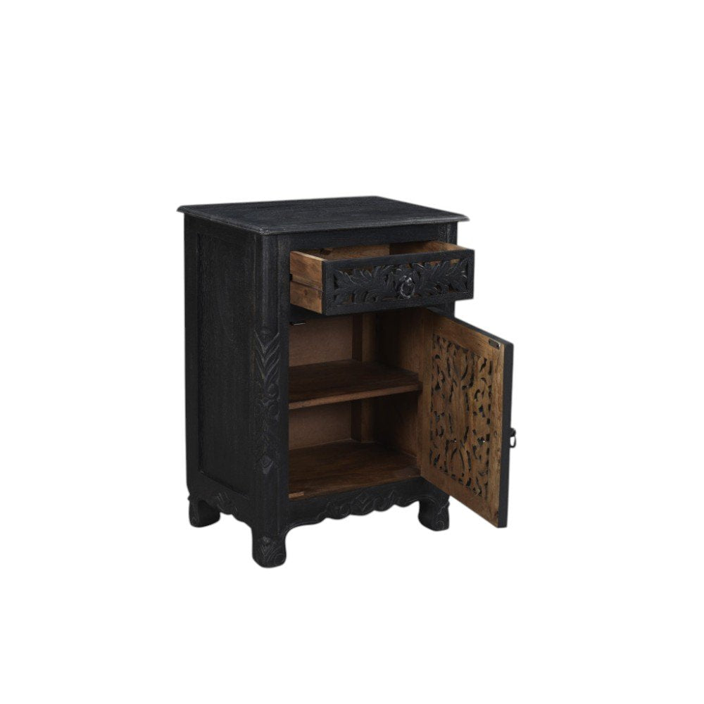 30" Black Solid Wood Distressed One Drawer Nightstand. Nightstands & bedside table isolated on a plain white background, showing a black wood surface.