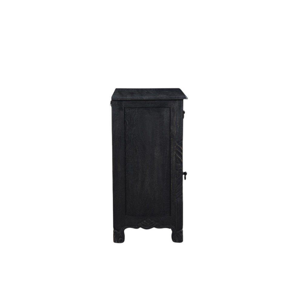 30" Black Solid Wood Distressed One Drawer Nightstand. Nightstands & bedside table isolated on a plain white background, showing a black wood surface.