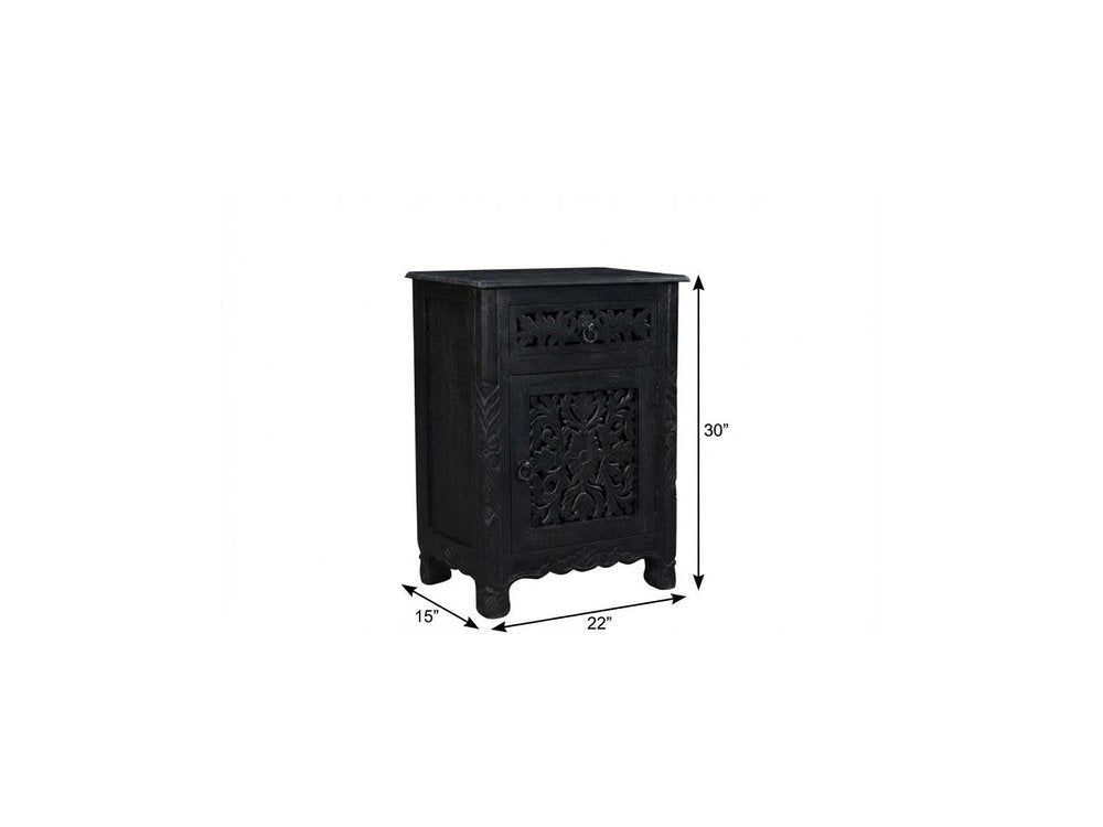 Black solid wood distressed one drawer nightstand with carved details, 30" H x 22" W x 15" D.