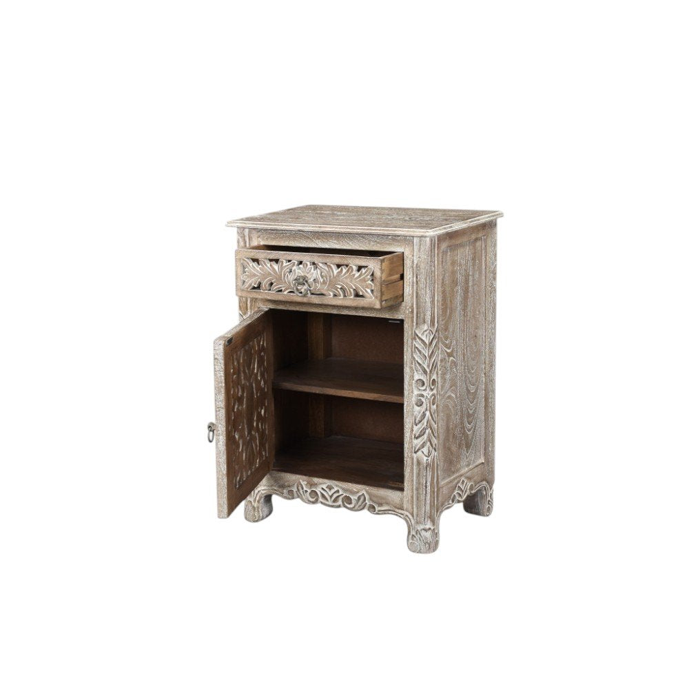 30" Gray Solid Wood Distressed One Drawer Nightstand. Nightstands & bedside table isolated on a plain white background, showing a wood surface.
