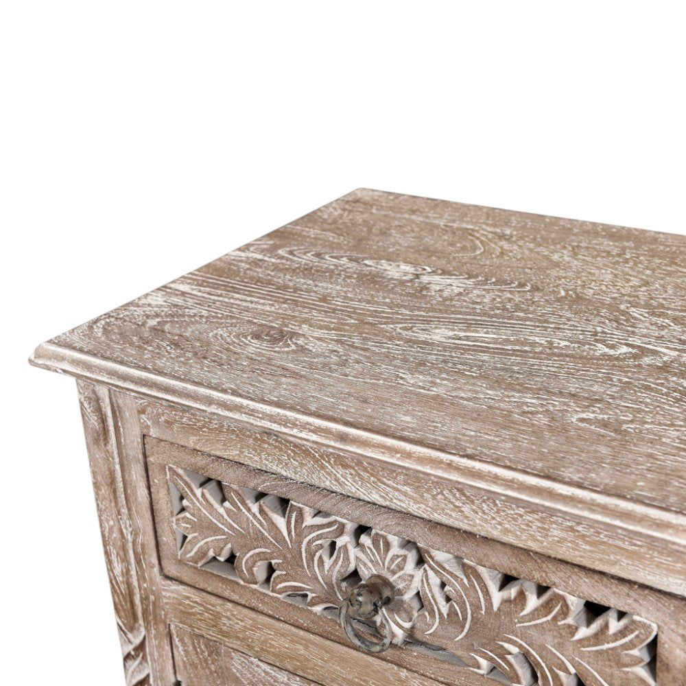 30" Gray Solid Wood Distressed One Drawer Nightstand. Nightstands & bedside table isolated on a plain white background, showing a wood surface.