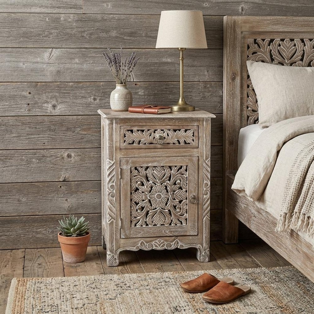 30" Gray Solid Wood Distressed One Drawer Nightstand.