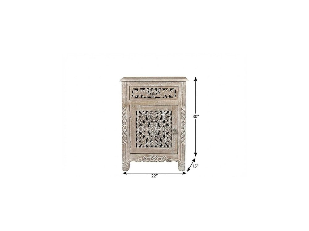 Distressed gray solid wood one-drawer nightstand with carved details, 30" H x 22" W x 15" D.