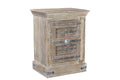 Distressed white solid wood nightstand with metal accents and a ring pull on a white background.