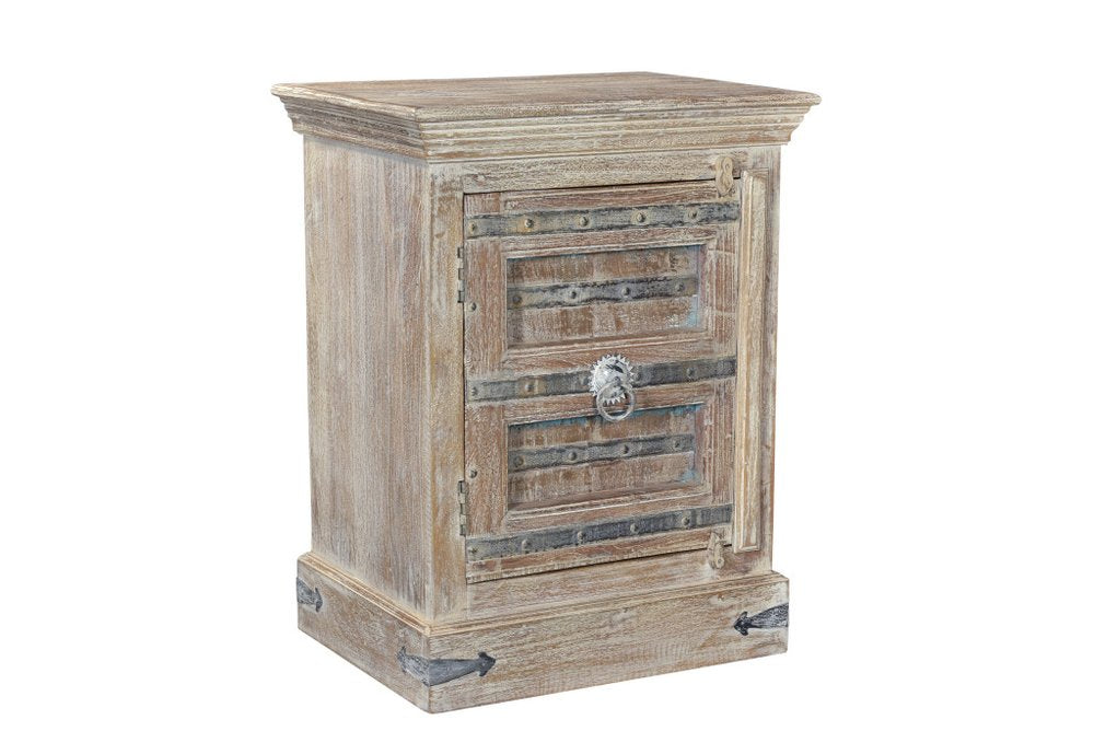 Distressed white solid wood nightstand with metal accents and a ring pull on a white background.