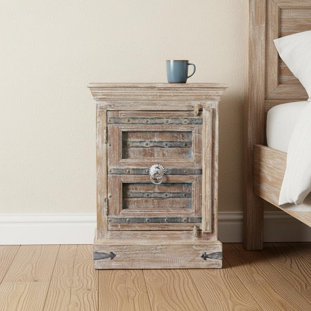36" White Solid Wood Distressed Nightstand styled in a furnished interior with an off-white wall on a wood floor.