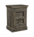 A distressed brown solid wood nightstand with a single door and metal hardware, shown against a white background.