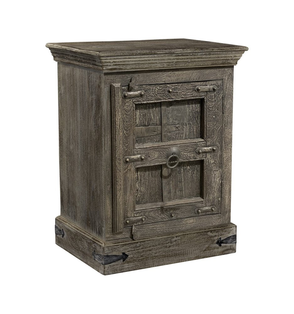A distressed brown solid wood nightstand with a single door and metal hardware, shown against a white background.