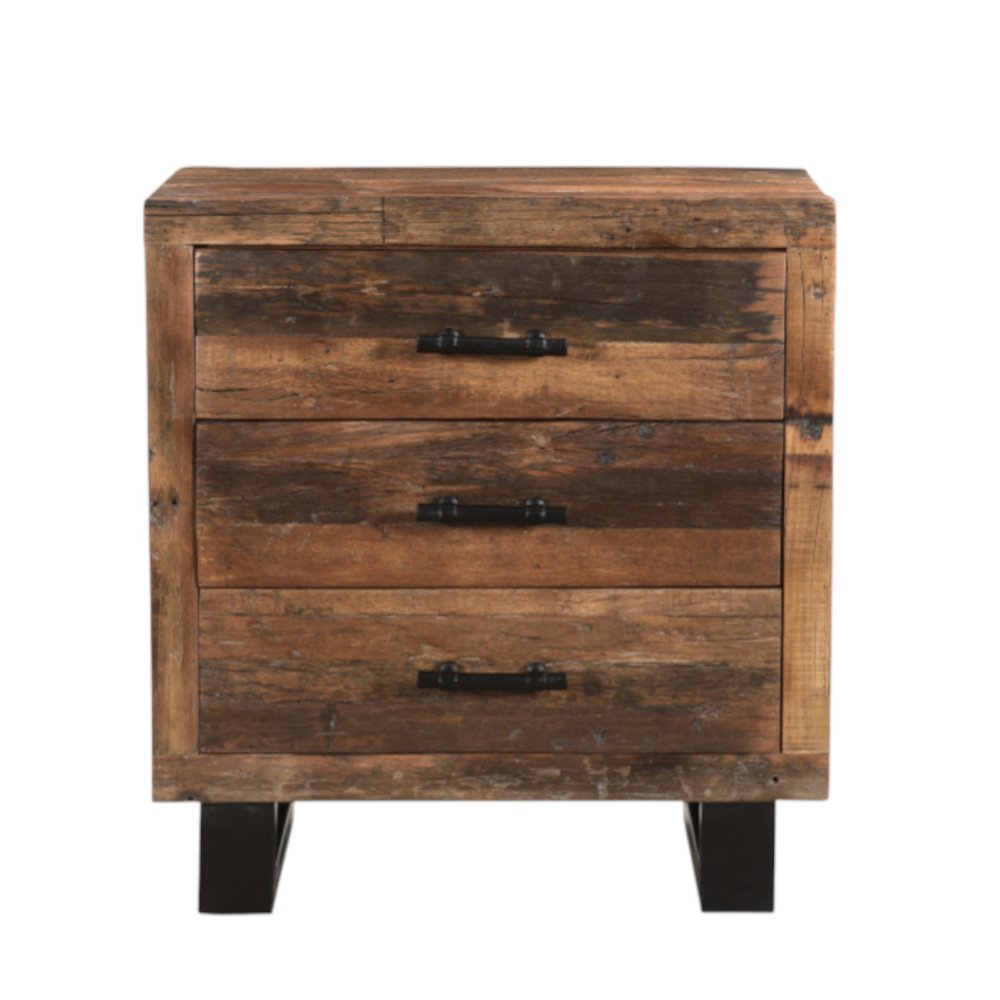 30" Dark Brown Solid Wood Distressed Three Drawer Nightstand. Nightstands & bedside table isolated on a plain white background, finished in dark brown wood.