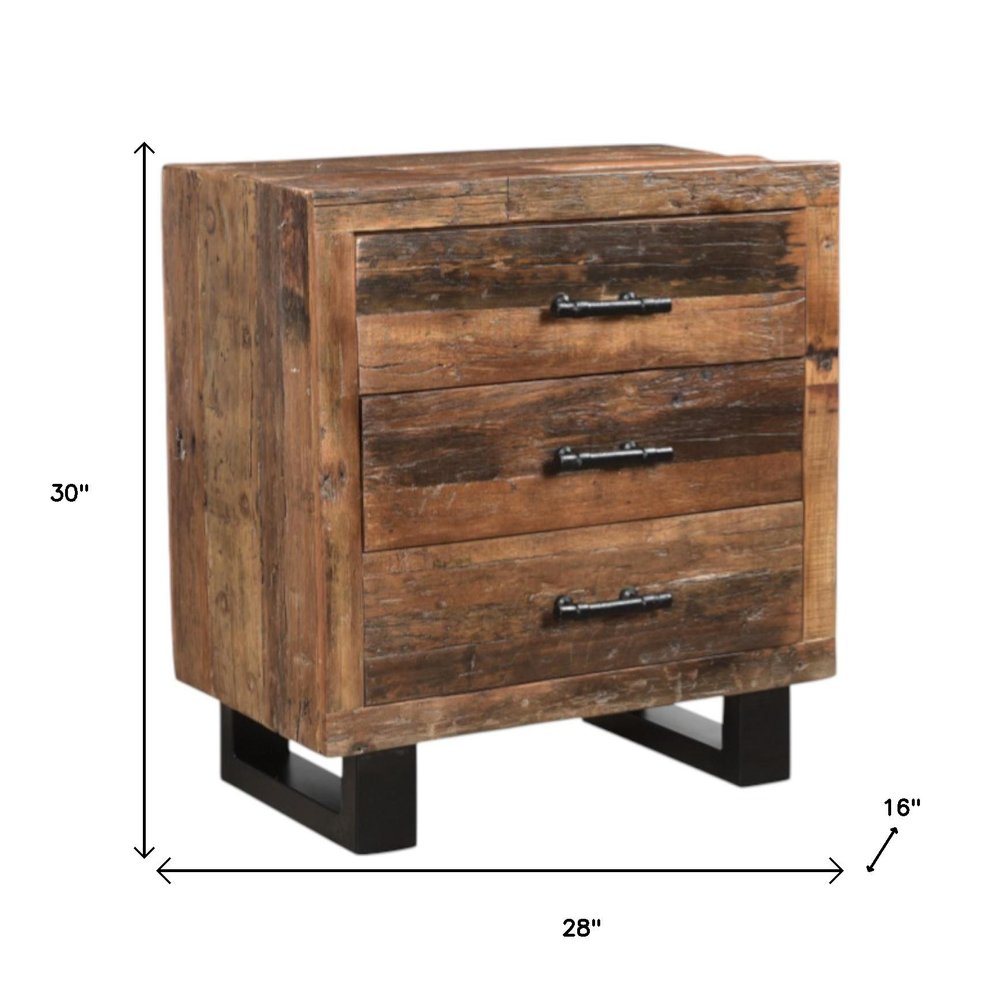 30" Dark Brown Solid Wood Distressed Three Drawer Nightstand. Nightstands & bedside table isolated on a plain white background, finished in dark brown wood.