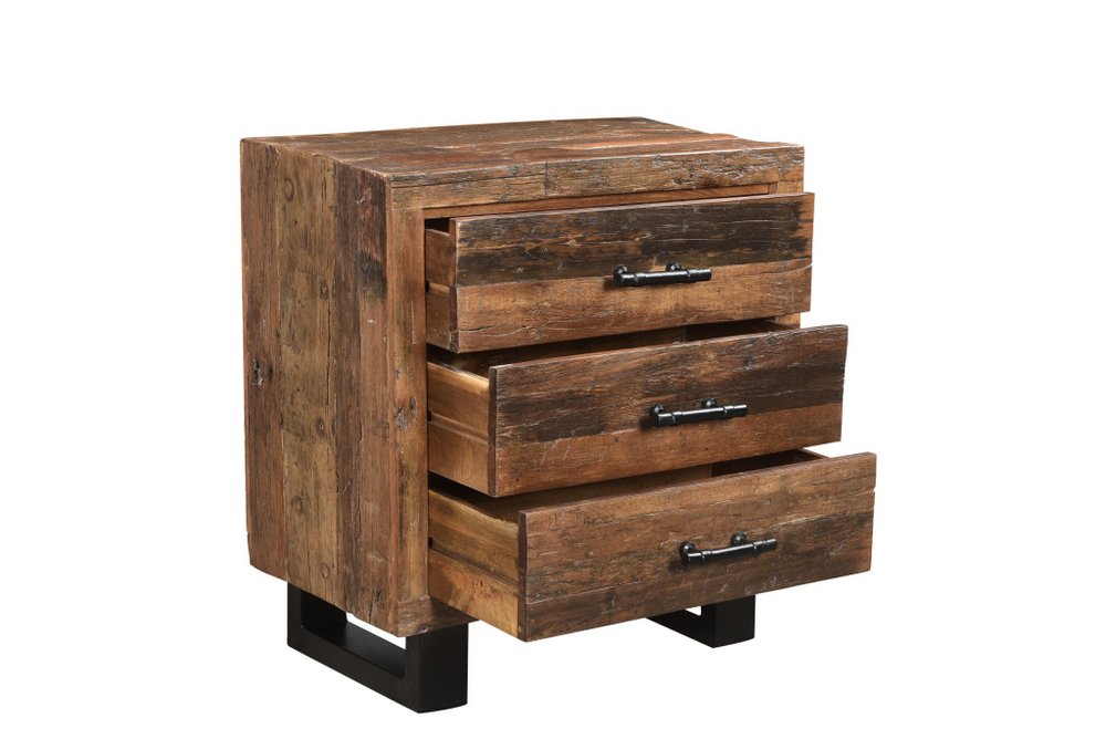 Rustic dark brown solid wood three-drawer nightstand with black metal legs against a white background.