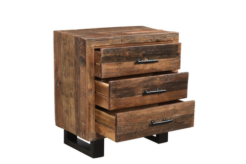 Rustic dark brown solid wood three-drawer nightstand with black metal legs against a white background.