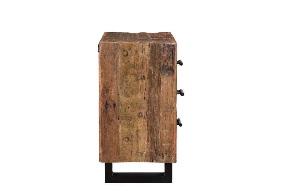 30" Dark Brown Solid Wood Distressed Three Drawer Nightstand. Nightstands & bedside table isolated on a plain white background, showing a dark brown wood surface.