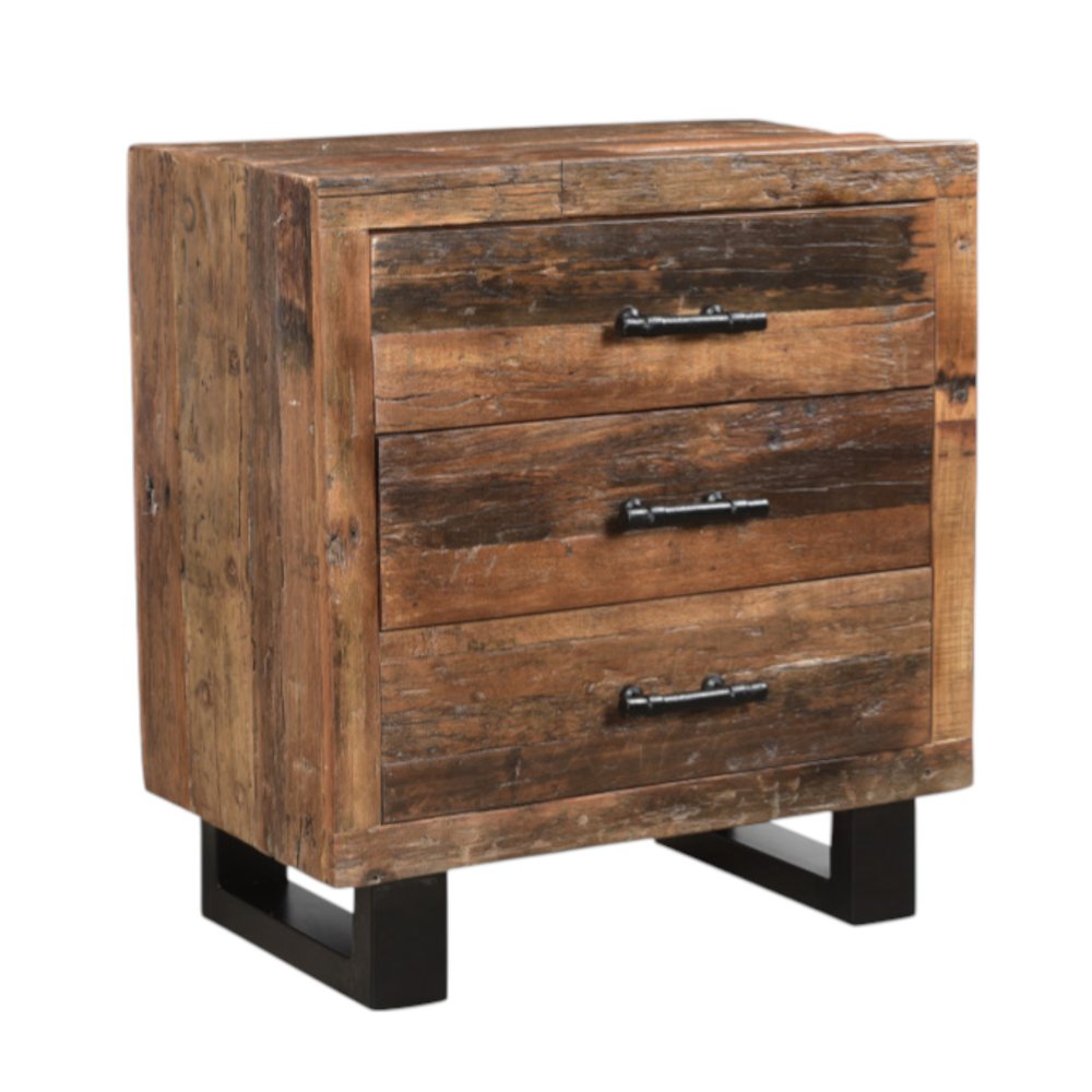 30" Dark Brown Solid Wood Distressed Three Drawer Nightstand. Nightstands & bedside table isolated on a plain white background, in a dark brown wood finish.