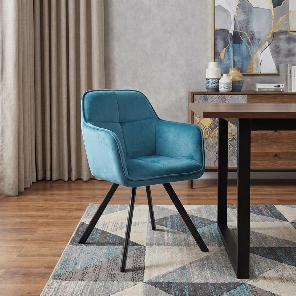 Tufted Blue And Black Velvet and Metal Dining Arm Chair