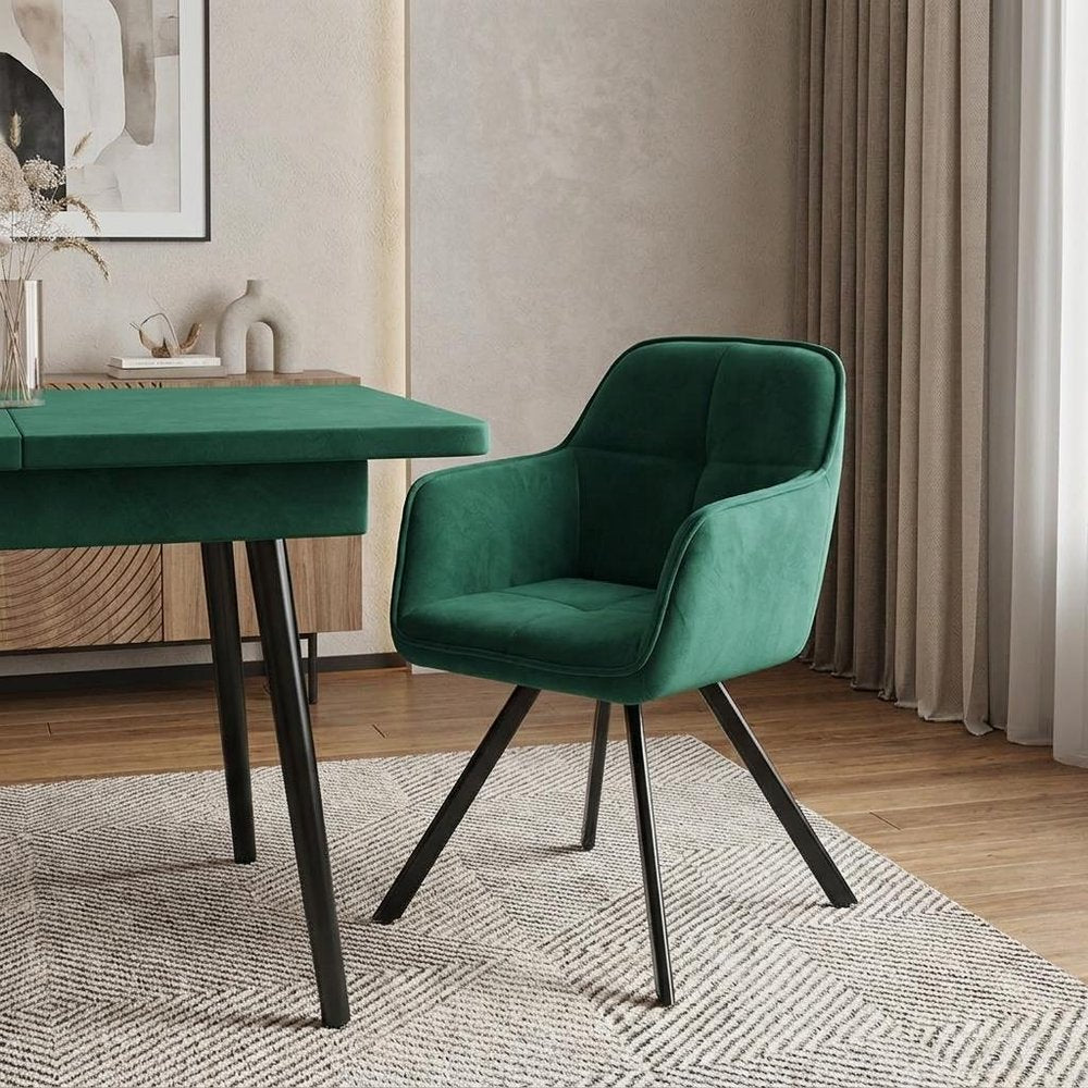 Tufted Green And Black Velvet and Metal Dining Arm Chair