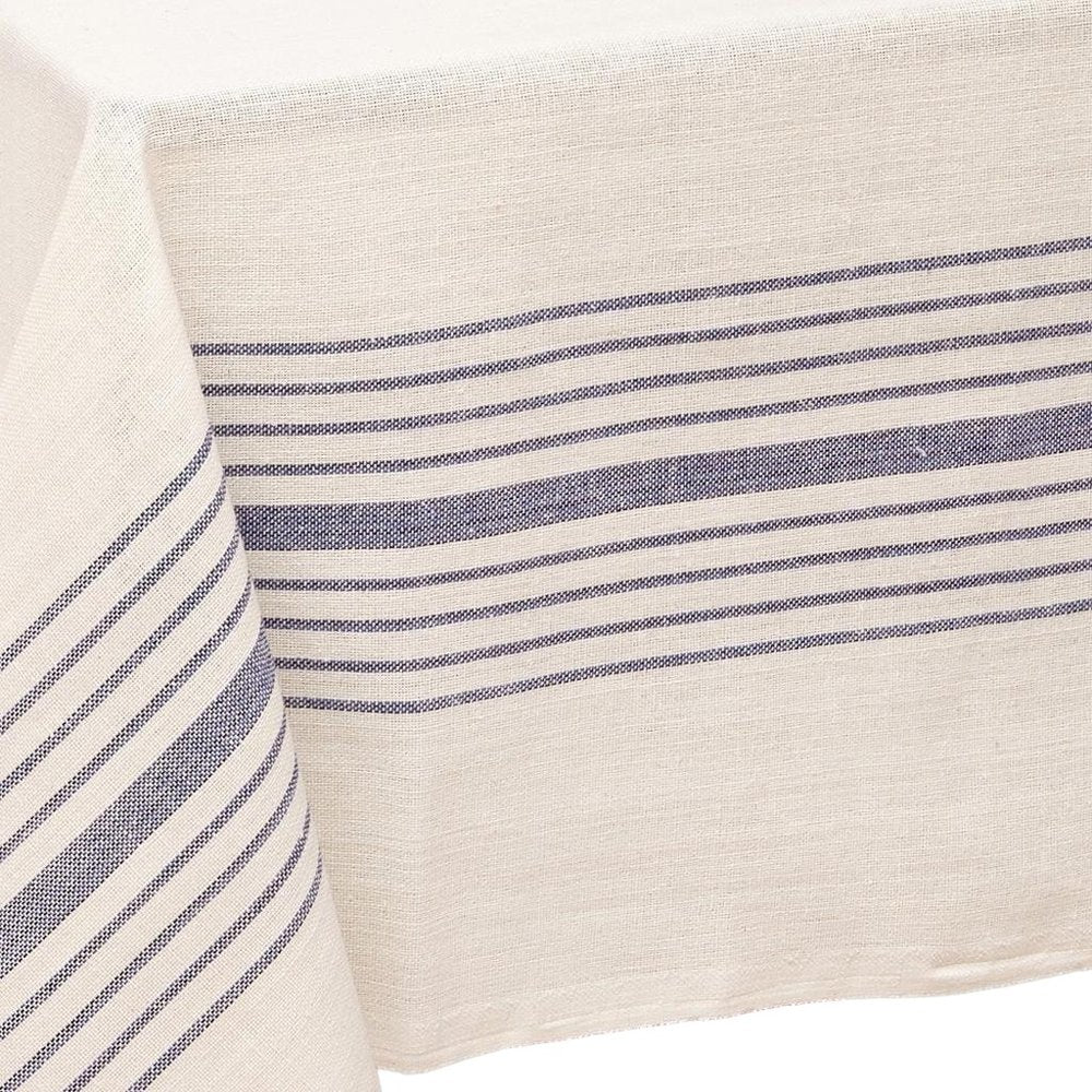 71" x 95" Cream And Blue Striped Cotton Tablecloth And Napkins Set - SKU 521295