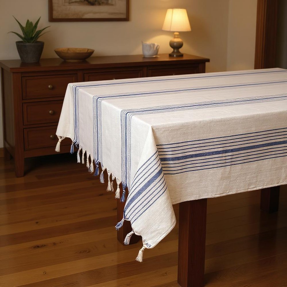 71" x 95" Cream And Blue Striped Cotton Tablecloth And Napkins Set - SKU 521295