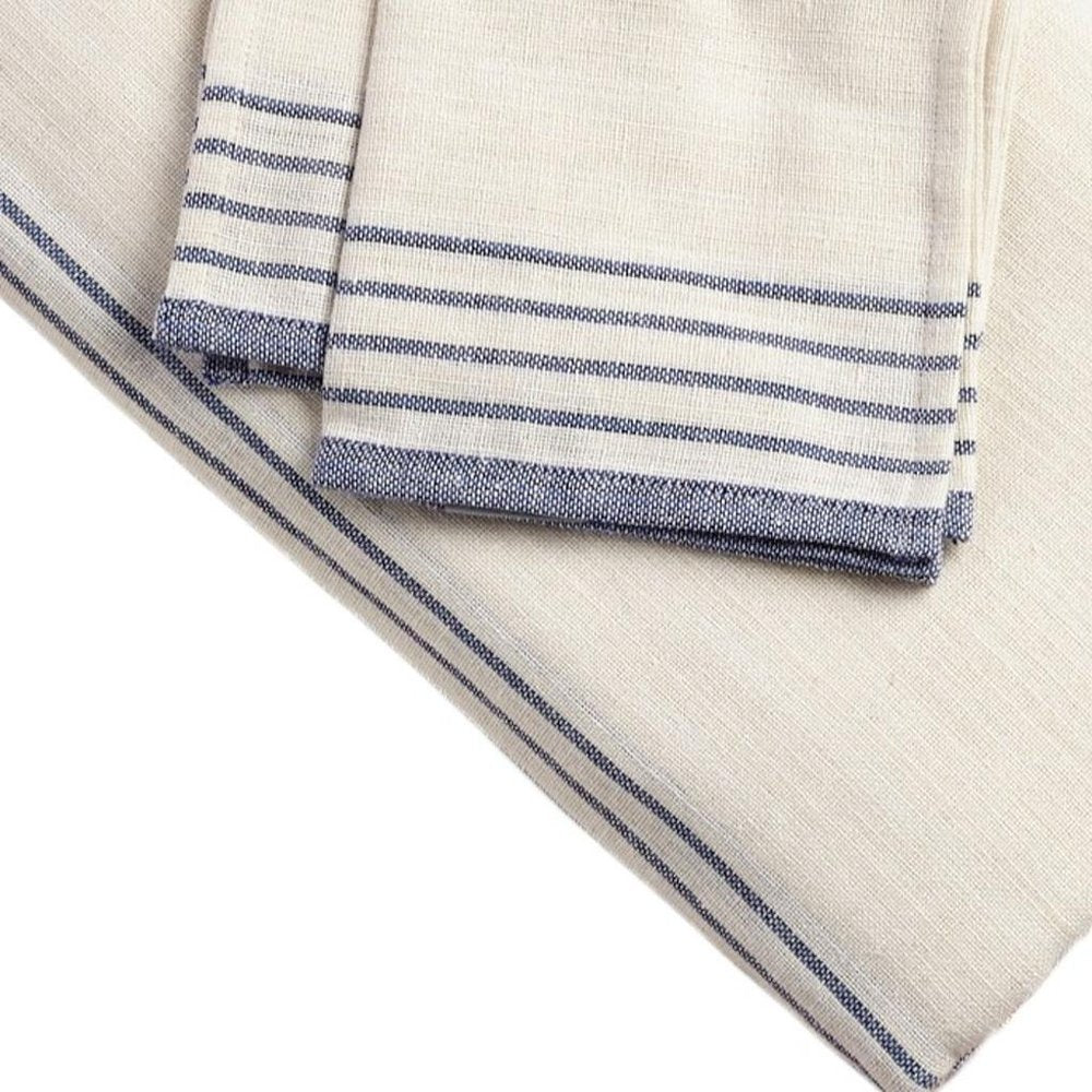 71" x 95" Cream And Blue Striped Cotton Tablecloth And Napkins Set - SKU 521295 on a white background