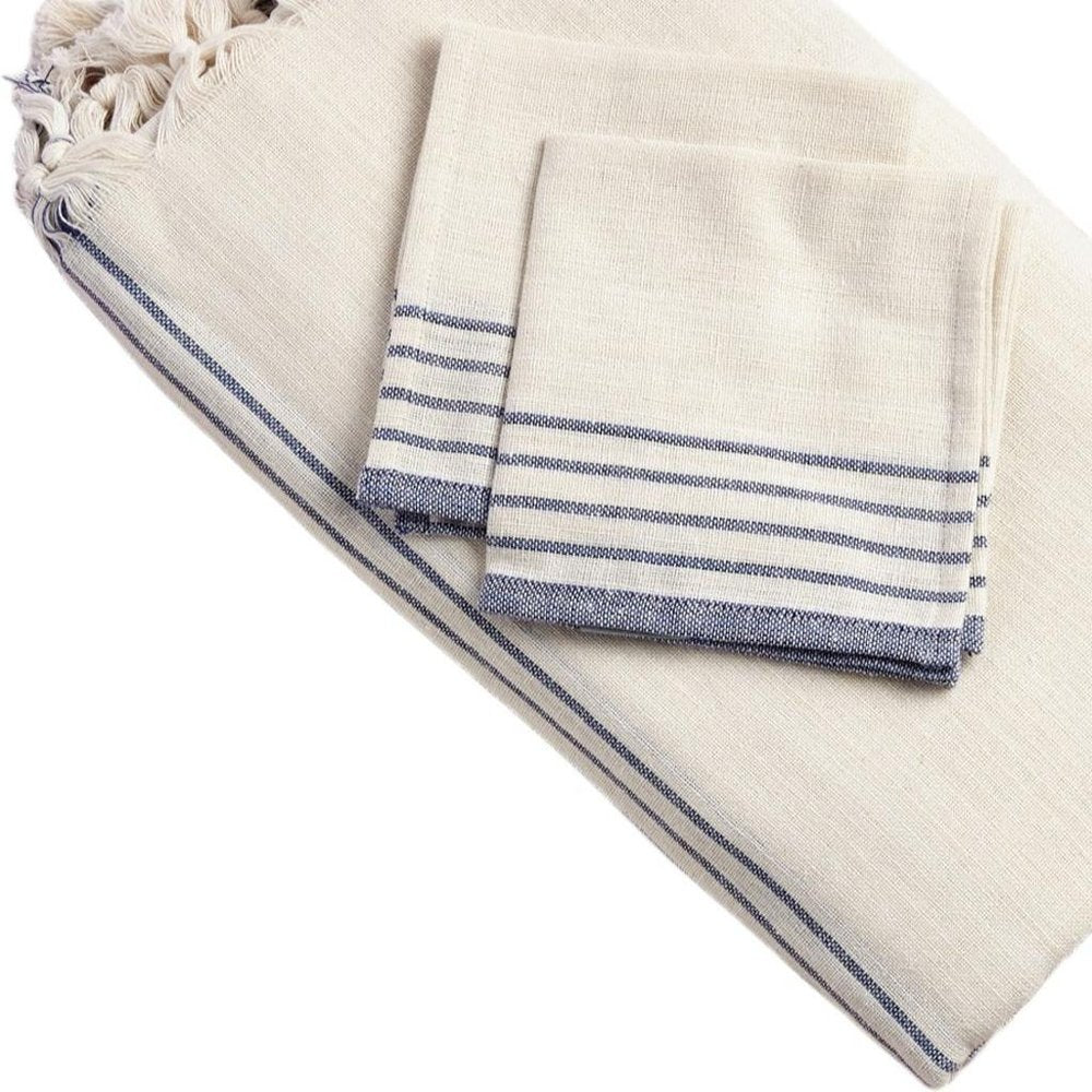 71" x 95" Cream And Blue Striped Cotton Tablecloth And Napkins Set - SKU 521295 on a white background
