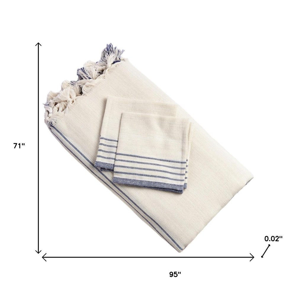 71" x 95" Cream And Blue Striped Cotton Tablecloth And Napkins Set - SKU 521295 on a white background