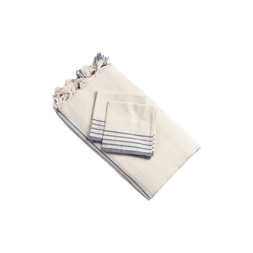71" x 95" Cream And Blue Striped Cotton Tablecloth And Napkins Set - SKU 521295