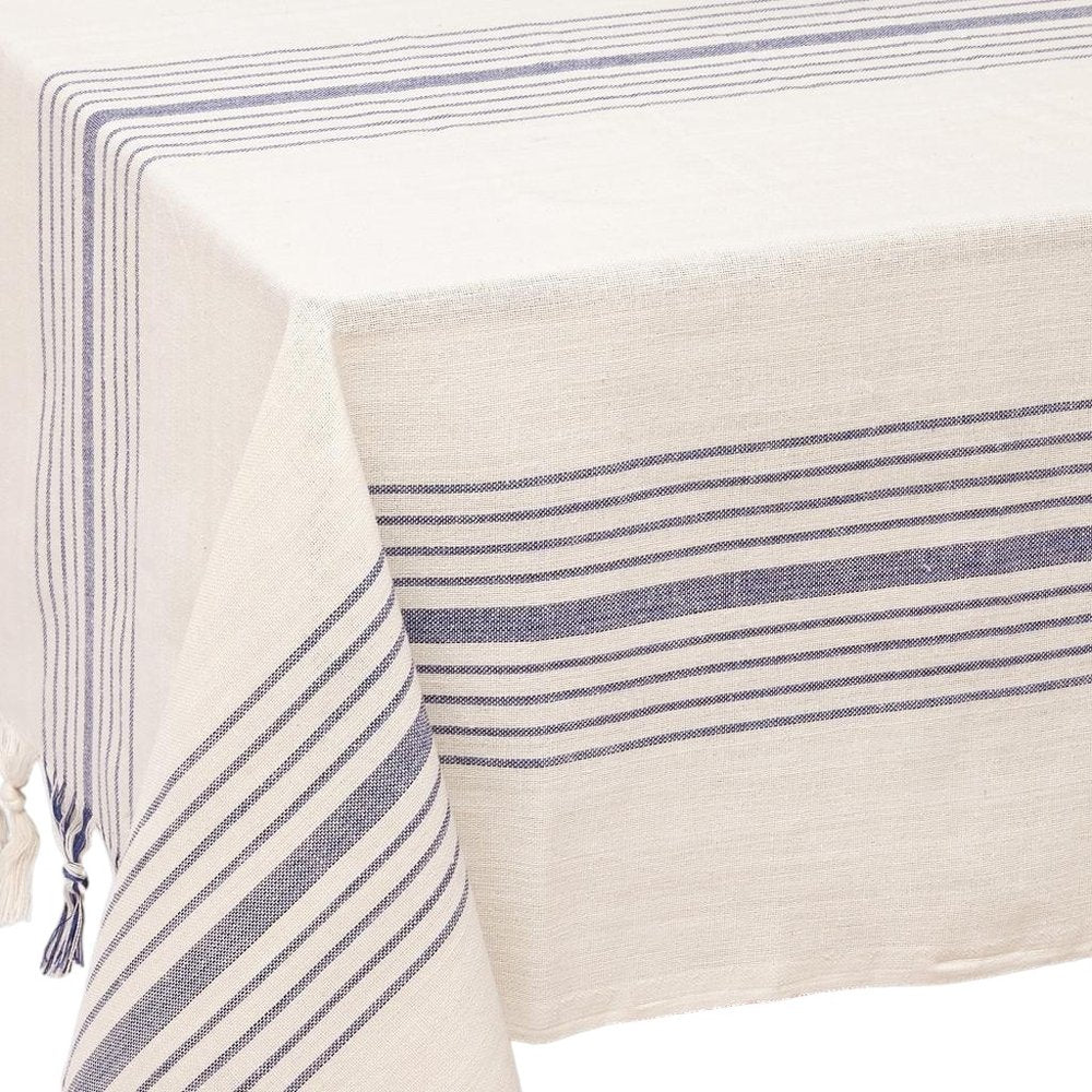 71" x 95" Cream And Blue Striped Cotton Tablecloth And Napkins Set - SKU 521295