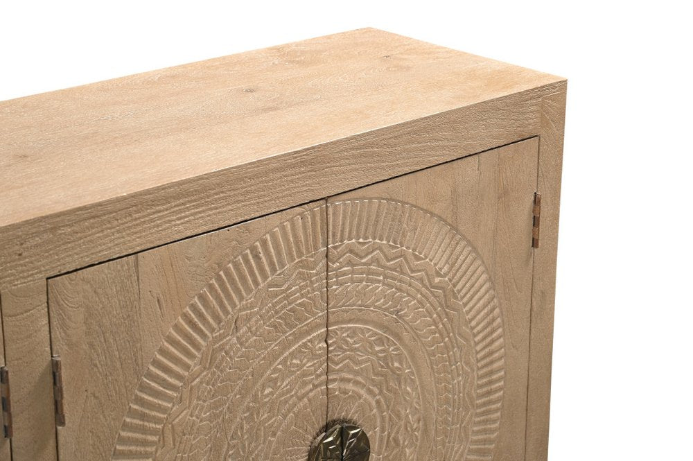 95" Natural And Antiqued Gold Solid Wood Carved Geometric Sideboard with Six Doors on a white background