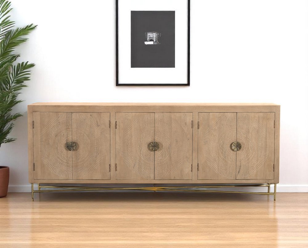 95" Natural And Antiqued Gold Solid Wood Carved Geometric Sideboard with Six Doors on a white background