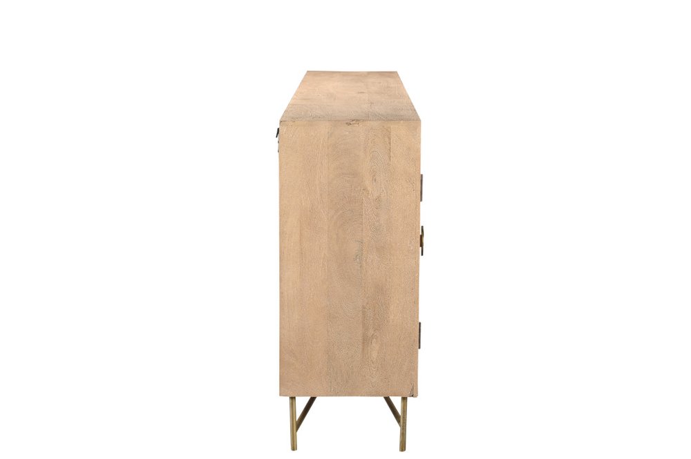 95" Natural And Antiqued Gold Solid Wood Carved Geometric Sideboard with Six Doors on a white background