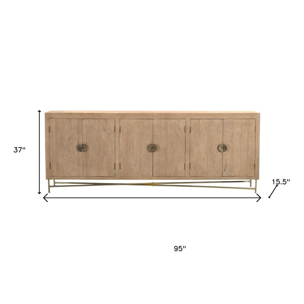 95" Natural And Antiqued Gold Solid Wood Carved Geometric Sideboard with Six Doors on a white background